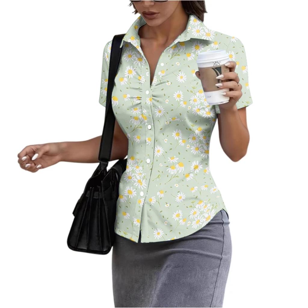 Women Short Sleeve Button Down Shirt Slim Fit Collared Blouse Lightweight Casual Workwear Top for Summer