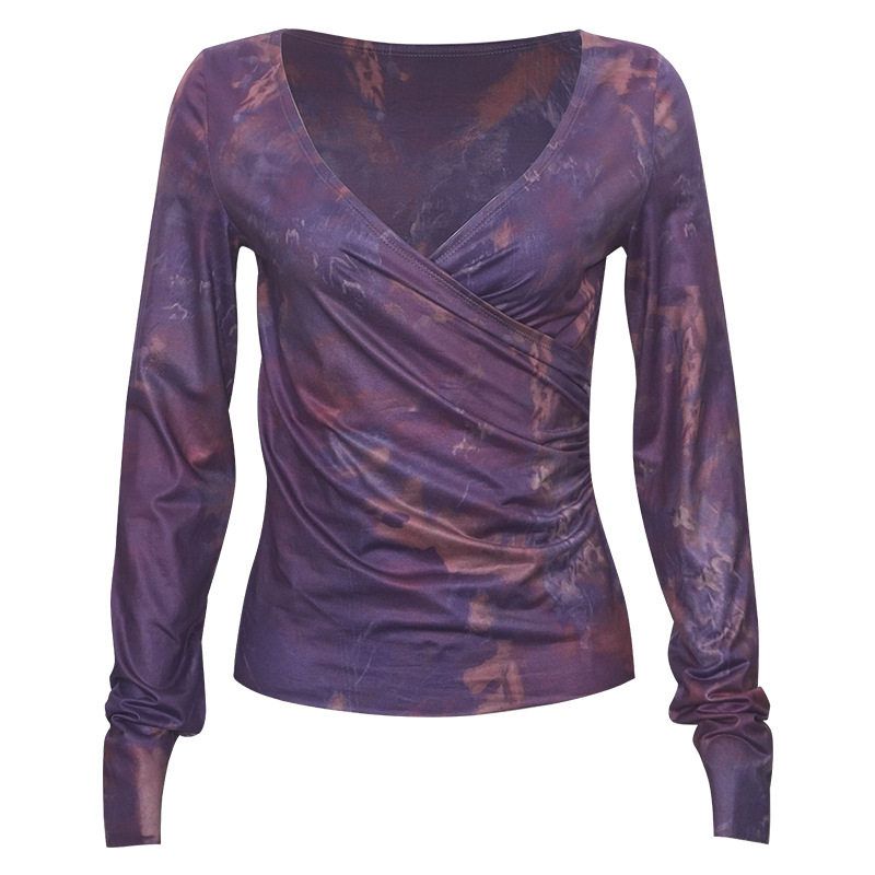 

C267Tp American Style Spicy Girl Autumn New Purple Gradient V-Neck Ruched Waist Slimming Long-Sleeve Women s T-Shirt Top Purple C267Tp L