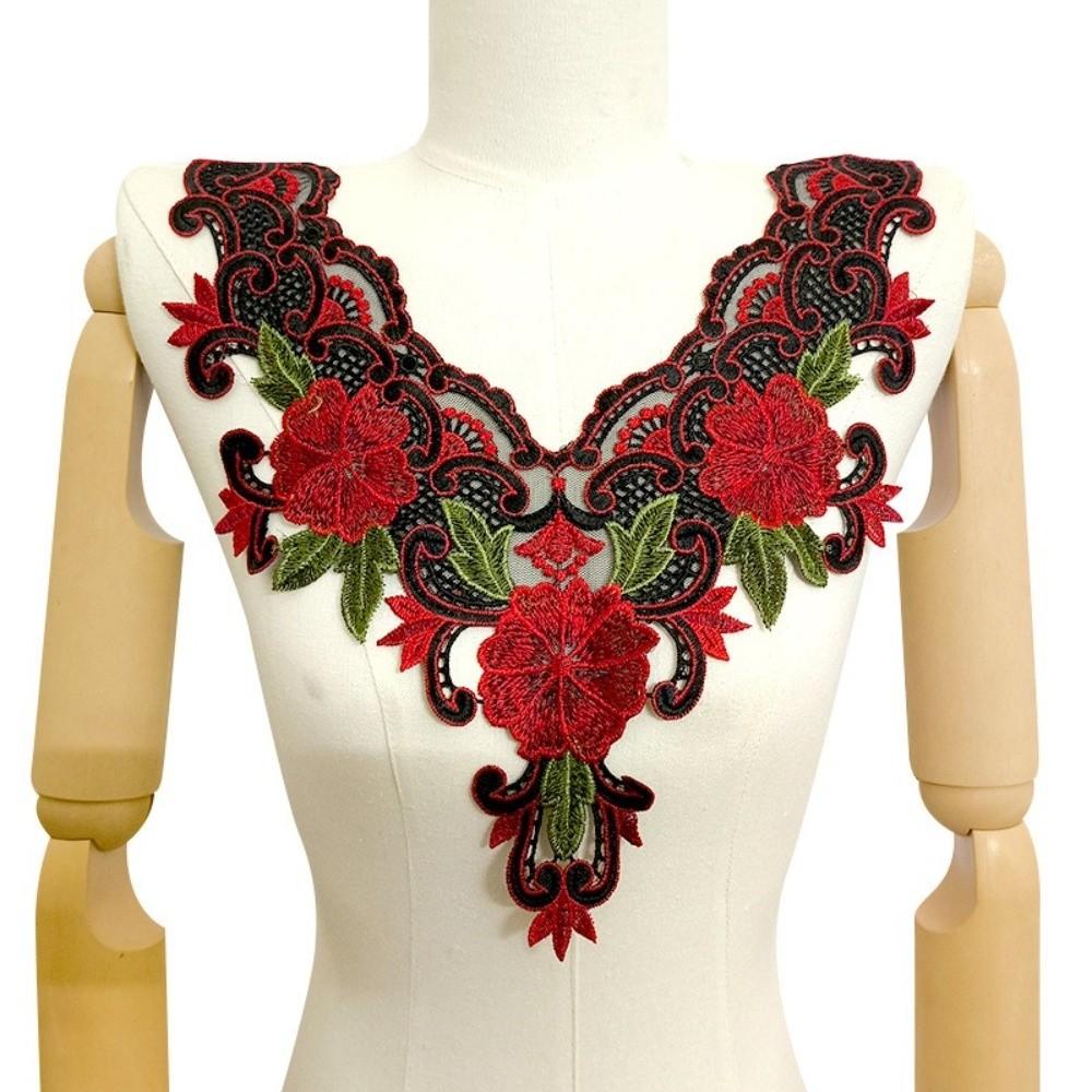 3D Embroidered Sewing On Patches Floral Hollowed Out Neckline Collar Applique Detachable Rose Flower Patch Sticker
