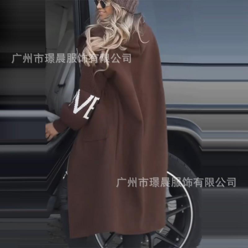 Damen Langer Kapuzen-Freizeitmantel mit Patchwork-Design Herbst Winter Lockerer Schnitt Wollmischung Oberbekleidung