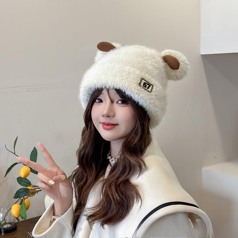 Sweet and Cute Plush Antler Knitted Hat for Women In Autumn and Winter Warmth and Thick Ear Protection Versatile Face Showing Small Knitted Hat
