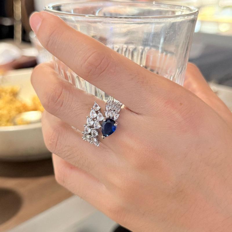 Elegant Princess Blue Sapphire & Topaz Open Ring with Cubic Zirconia Adjustable