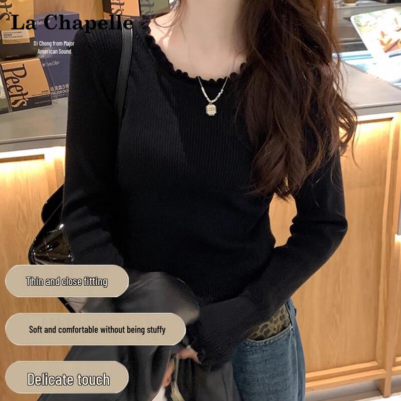 

La Chapelle Ruffle Trim Round Neck Knit Base Layer Sweater One Size