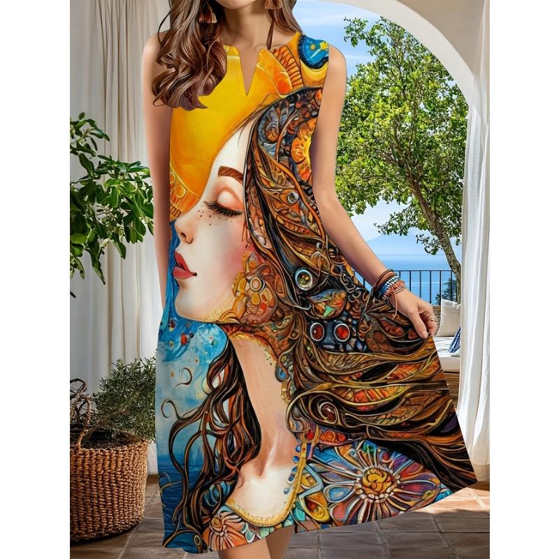 Robe midi bohème sans manches à col rond avec imprimé visage de femme - Robe de plage coupe A adaptée à l'été