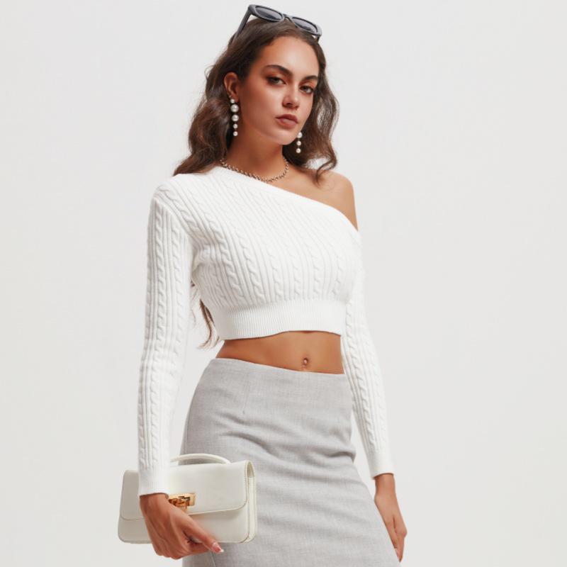 Women's Twisted Woolen One-Shoulder Long-Sleeve Pullover Sweater - Autumn/Winter Fashion Top