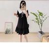 2024 Petite Black Dress with Doll Collar: Loose Fit, Slimming, Flesh-Covering Short Sleeves