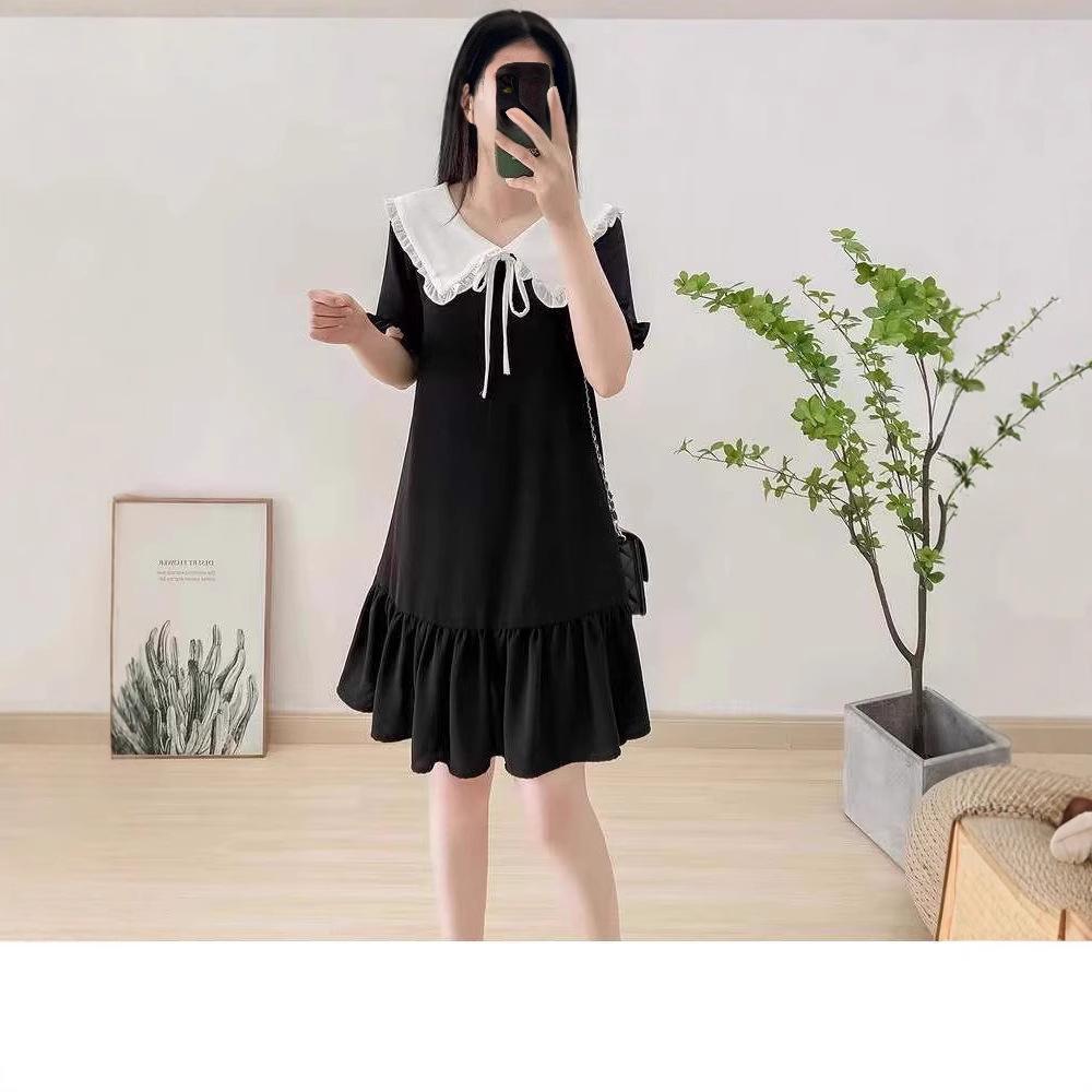 2024 Petite Black Dress with Doll Collar: Loose Fit, Slimming, Flesh-Covering Short Sleeves