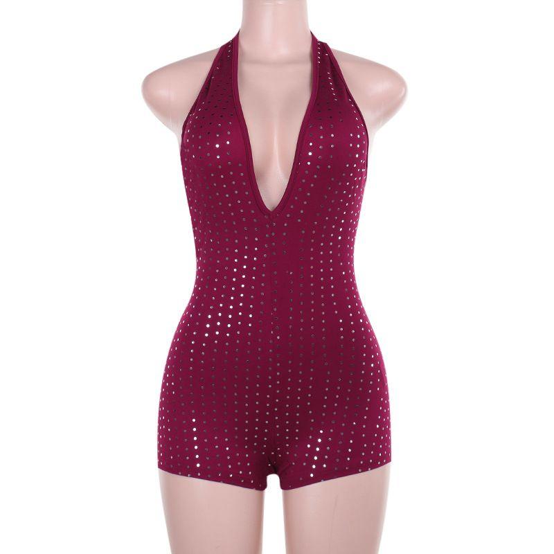

Transition Sexy European and American New Arrival Fashion Diamond in the Debris Rhinestone Deep V One-Piece Shorts Sexy Backless Lace up Jumpsuit Burgundy S