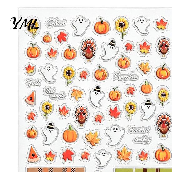 Fall Themed Nail Accessories Art Stickers for Halloween Thanksgiving, Autumn Turkey Pumpkin Maple Wearable Manicure Leaf Sticker, Embossed Waterproof