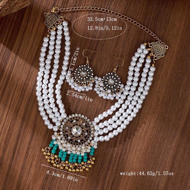 Multi-layered pearl necklace, rice bead tassel earrings, retro bohemia ethnic style jewelry