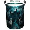 1pc Laundry Basket, Moonlit Castle And Flying Bats Pattern Dirty Clothes Hamper, Collapsible Fabric Organizer with Sturdy Handles, Vintage Mysterious 