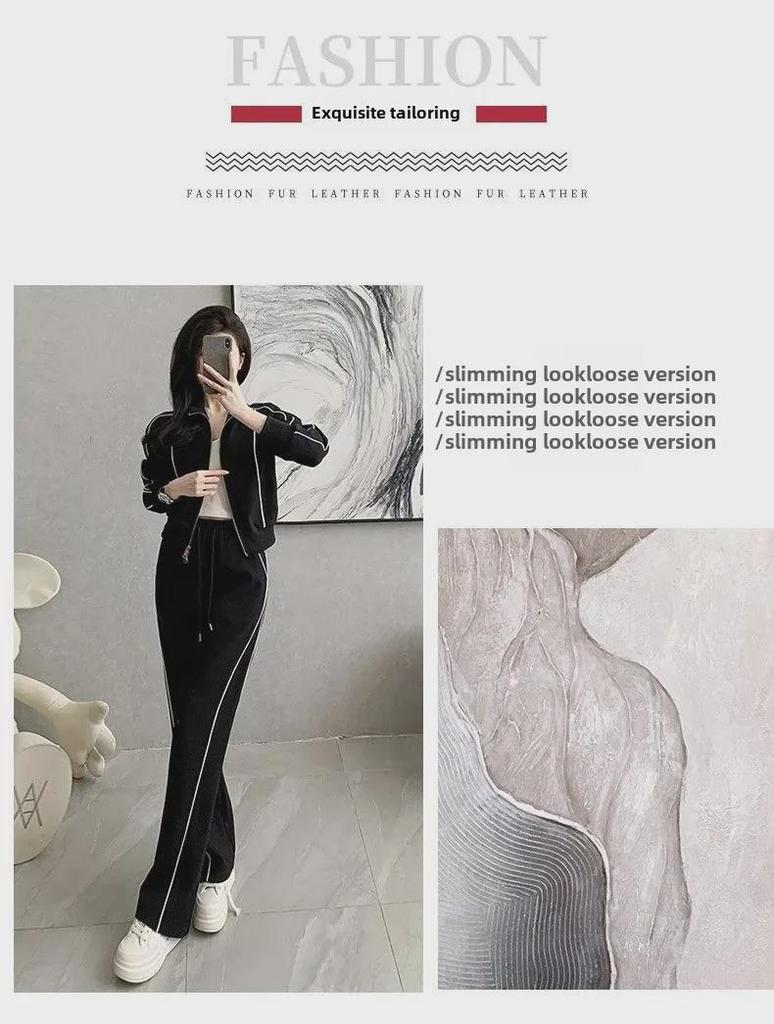 Americký styl Trendy Dámská Slim Fit Bunda na zip a Kalhoty se širokými nohavicemi Dvoudílný oblek na podzim a zimu