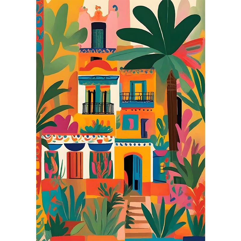 Vibrant Mexican Building Poster Colorful Floral Botanical Landscape Canvas Prints Painting Wall Art for Home Room Decor