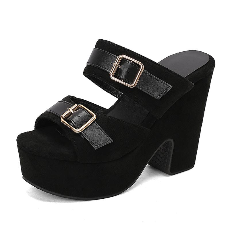 

ANNYMOLI женские шлепанцы с круглым носком на толстом высоком каблуке сандалии на платформе с пряжкой женские модные туфли летние розовые зеленые 43 35 чёрный