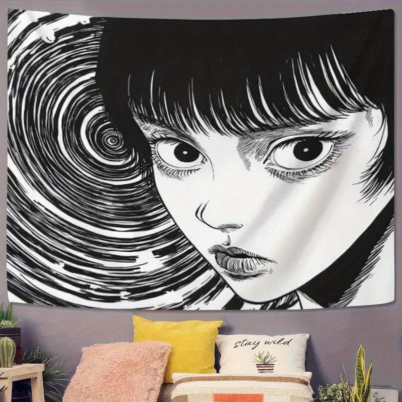 VIKAMA Junji Ito Stil Uzumaki Wandteppich Schwarz Weiß Horror Manga Mädchen Wirbel Print Wandbehang für Schlafzimmer Otaku Zimmer Dekor