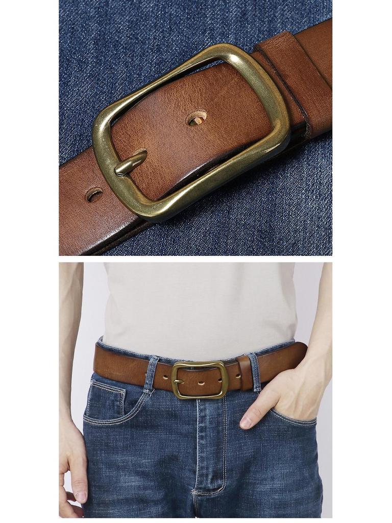 Męski modny pasek ze skóry retro szczotkowanej ręcznie z miedzianą klamrą szpilkową