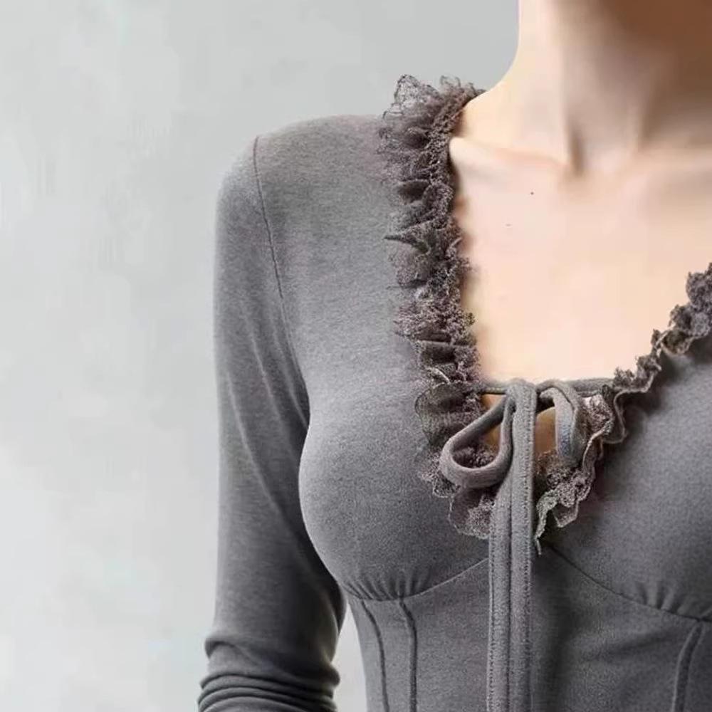 Women's Chic Lace-Up V-Neck Long-Sleeve Slim Fit Fleece Top
