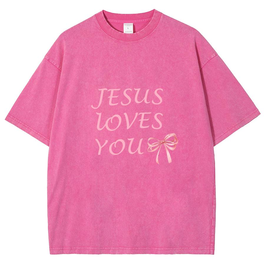 Pink Bow Letter Print Women's T-Shirt Washed Oversized Loose Mid Sleeve Casual Cute Sweetheart Beautiful Short Sleeve Top
