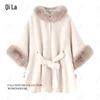 Women's Fox Fur Collar Wool Cape - Lace-up, Plus Size, Autumn/Winter Shawl.