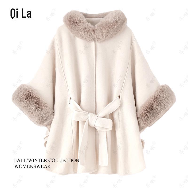 Women's Fox Fur Collar Wool Cape - Lace-up, Plus Size, Autumn/Winter Shawl.