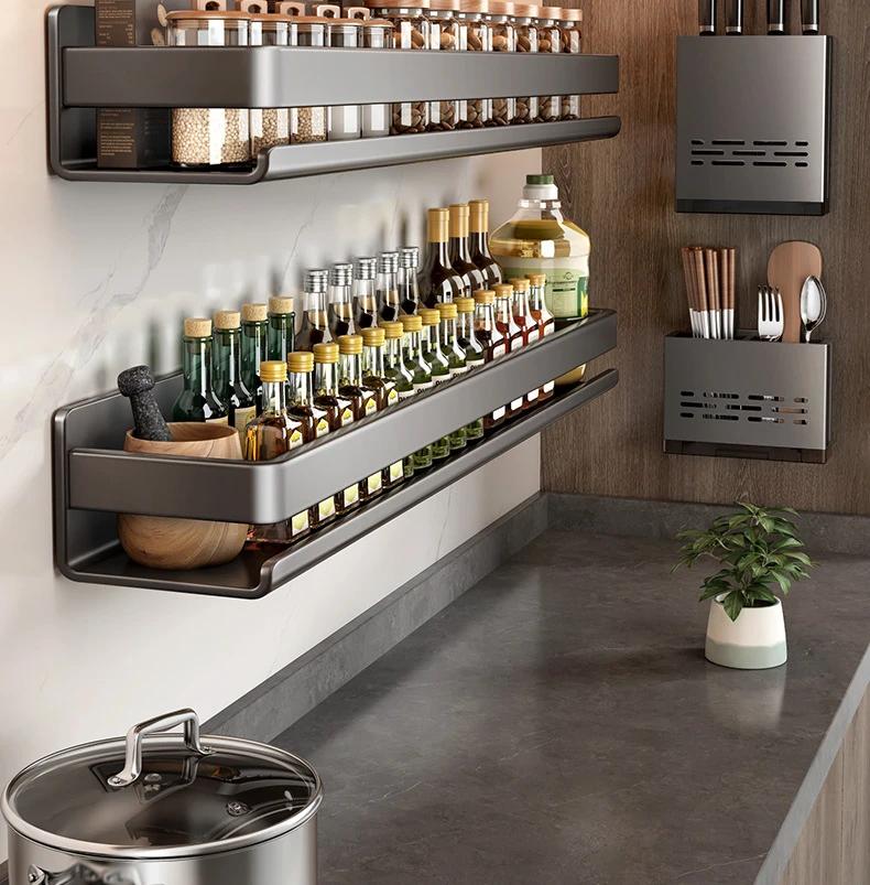 Kitchen Stainless Steel Storage Rack No Punching Bathroom Wall Shelf Seasoning Bottle Storage Kitchen Accessories Organizer