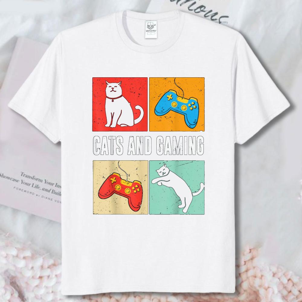 Cats And Gaming For The Cat Lover Gamer Video Game Player Tshirt Esport Pet Lover Streetwear Tops Vintage Game Controller Tees
