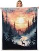Waldhirsch Decke Weicher Fleece Überwurf Natur Sonnenuntergang Design Heimdekoration Camping Geschenk Kinderzimmer