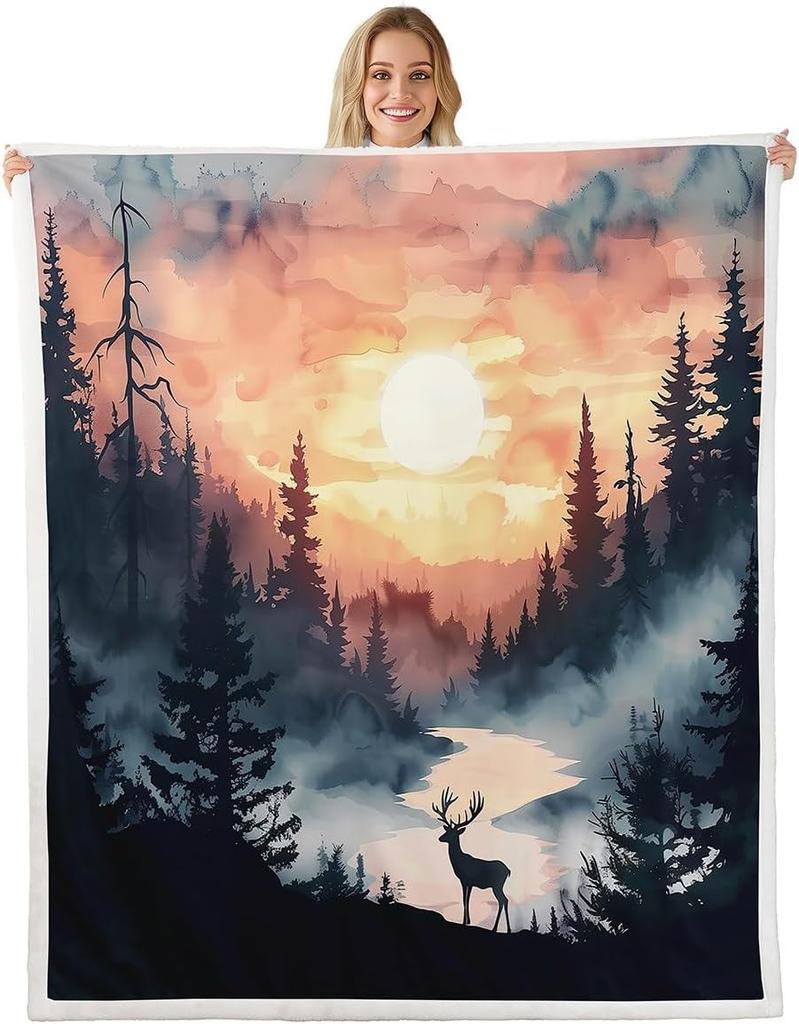 Forest Deer Blanket Soft Fleece Throw Nature Sunset Design Home Decor Camping Gift Kids Room
