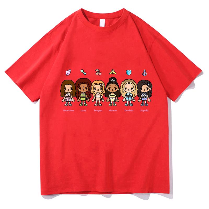 KATSEYE X Toca Boca Maglietta KATSEYE Nuovo Merch Cotone Magliette di Alta Qualità Stampa Cartone Animato Abbigliamento Divertente Magliette Comode Unisex