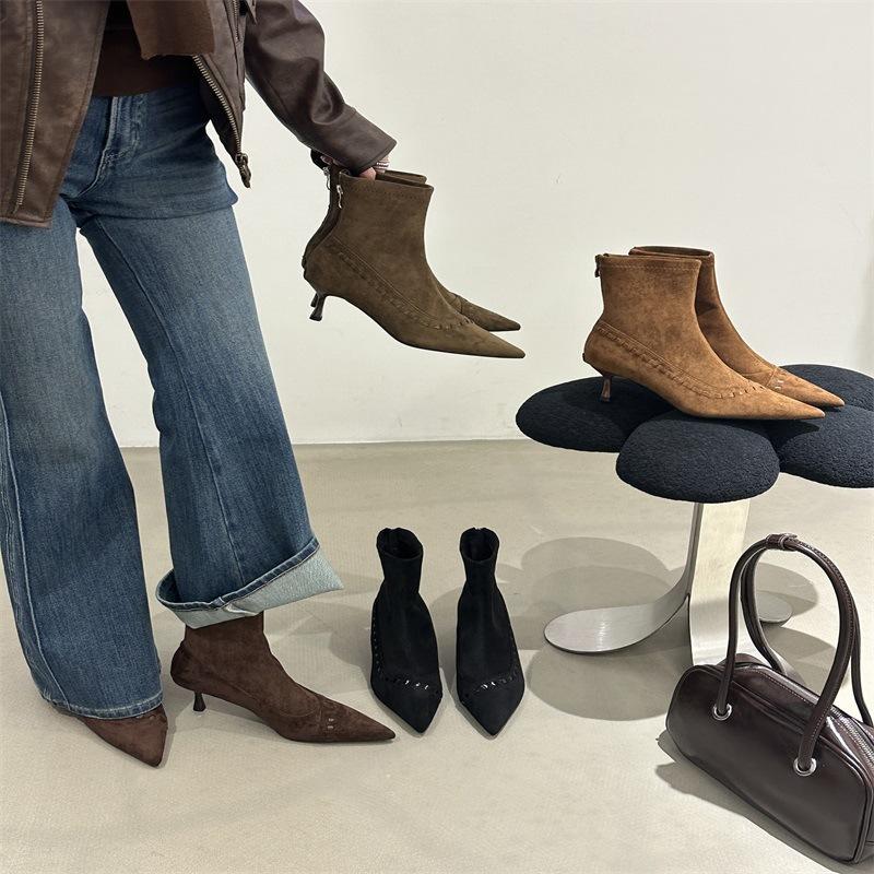 French kitten and suede pointed boots children's short boots 2025 new autumn and winter high-heeled thin boots