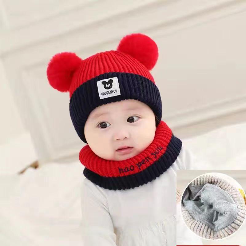 Baby Boy and Girl Baby Hat Autumn and Winter Cute Ball Velvet Thickened Windproof Ear Protection Children's Hat Scarf Knitted Hat