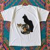Two Cats Graphic T-Shirt White Black & Calico Cat Art Tee Unisex Size M