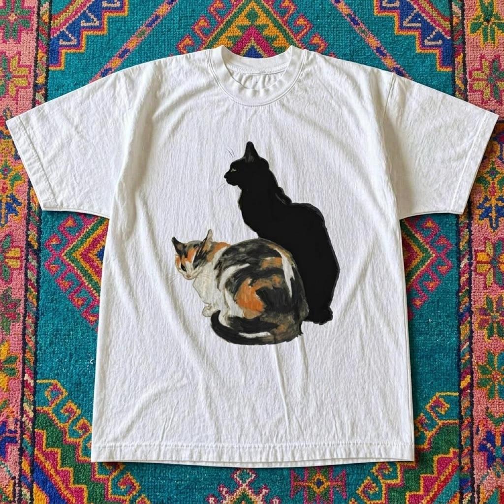 Two Cats Graphic T-Shirt White Black & Calico Cat Art Tee Unisex Size M