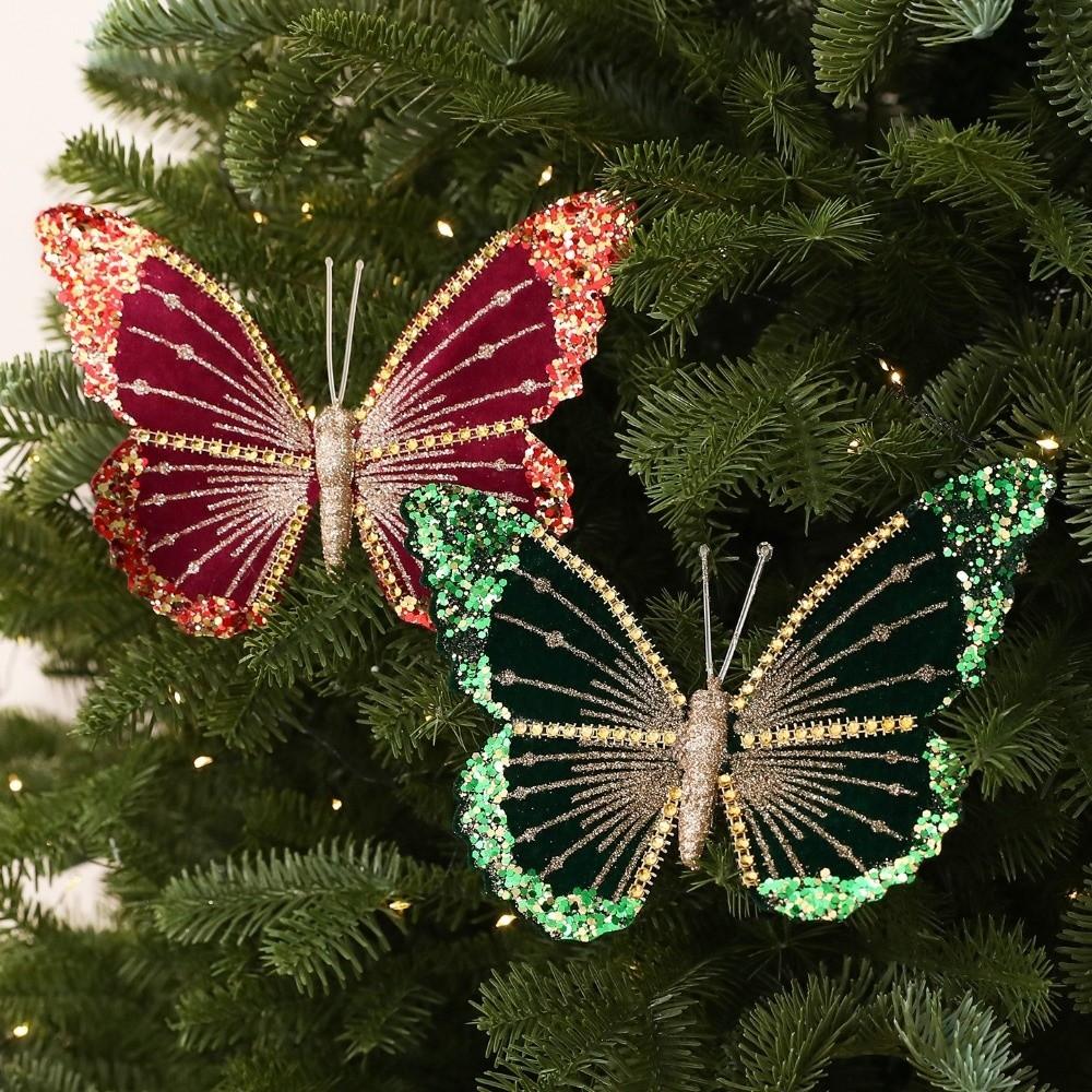 Clip-On Velvet Christmas Butterfly Ornament Artificial Butterfly Hanging Decor Wedding Decor