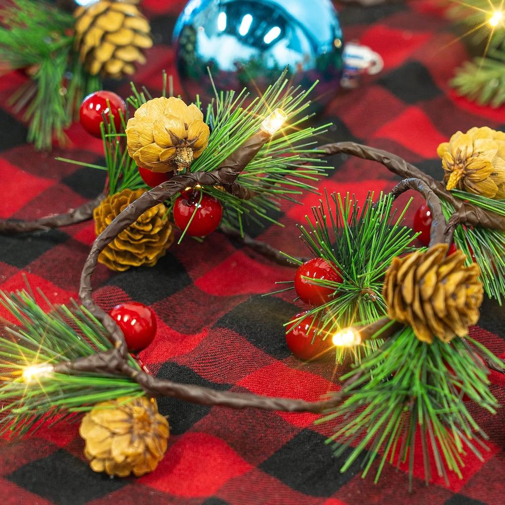 Dazzle Bright Pine Cone Christmas String Lights, Total 6.5FT 20LED Battery Operated Christmas Garland with 8 Modes, Red Berry Pine Cone Fairy String