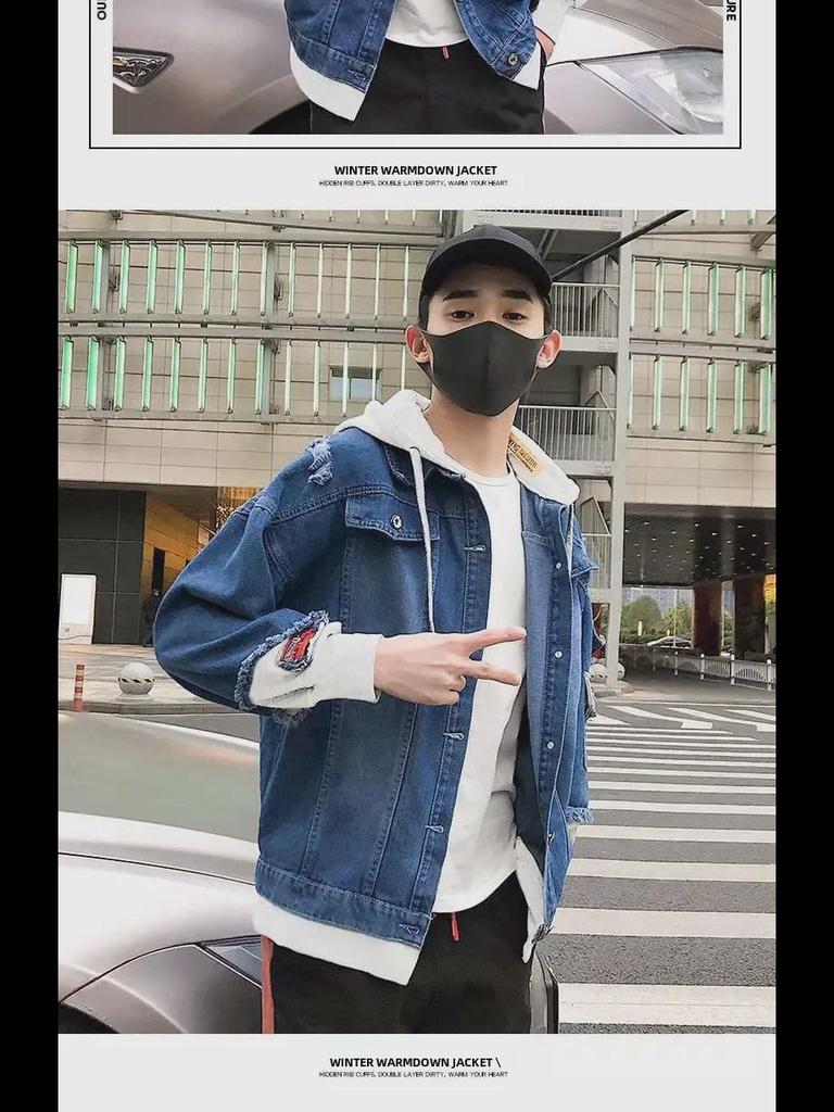 Herren-Jeansjacke im koreanischen Stil, 2-in-1-Jeansjacke – trendig, lockere Passform, mit Kapuze, perfekt für Frühling und Herbst
