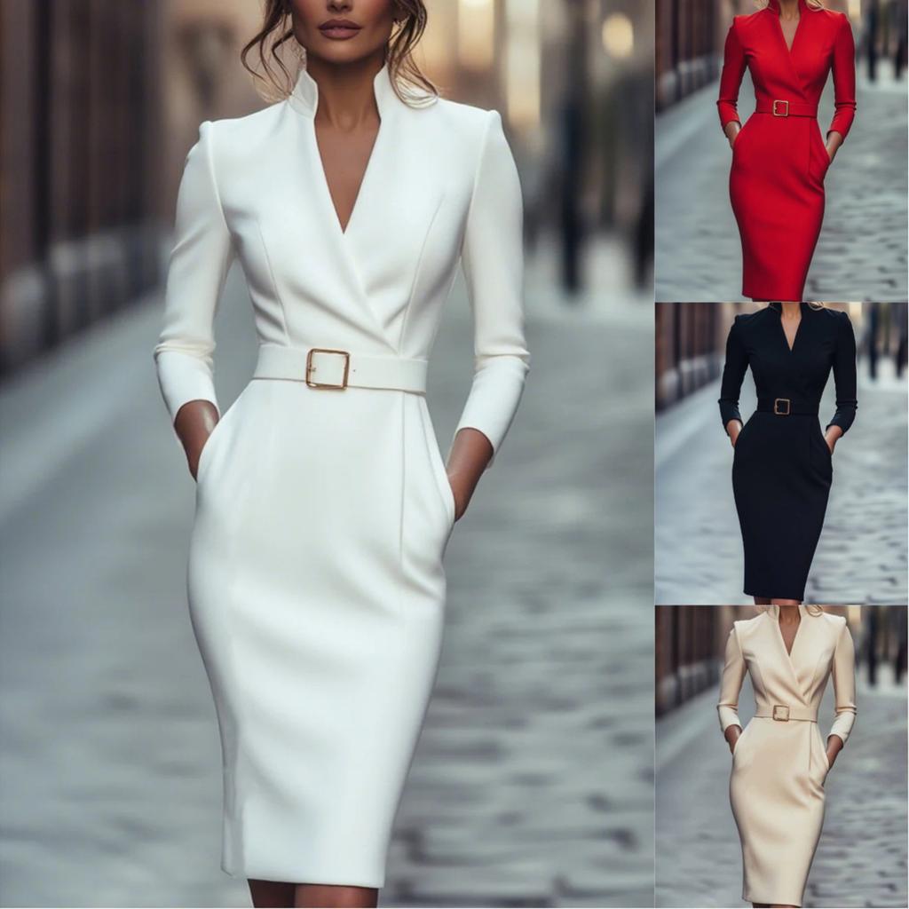 Moda Femenina Elegancia Sofisticada de Inspiración Francesa Socialité - Vestido Ajustado a la Cintura