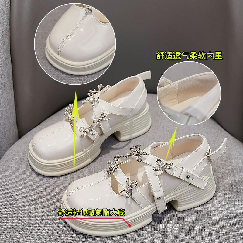 Leather Mary Jane Shoes 2025 Spring New Women's Thick Heel Light Mouth Single Shoes Women's Platform Commuter Bow Women's Shoes