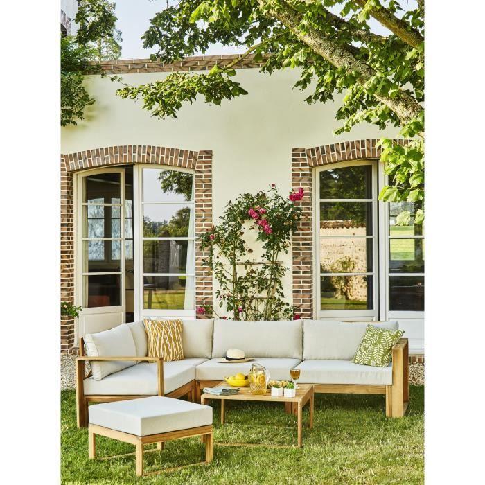 Salon de jardin d'angle modulable LEVATA OTTOMAN - Bois d'acacia FSC - 6 personnes - Gris de lin + Housse incluse