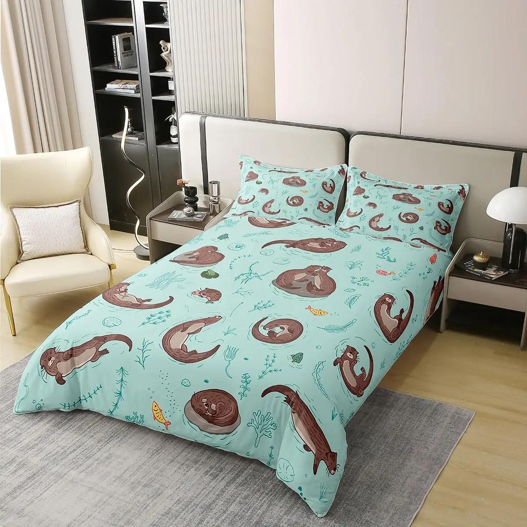 Cute Cartoon Animal Print Comforter Cover Sets Sea Otter Duvet Cover Set Ocean Creature Otter Toddler Soft Polyester Bedding Set