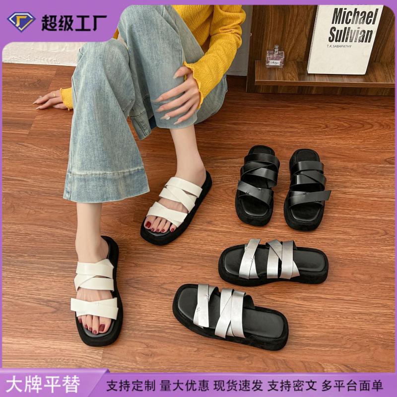 Yuanlitong square head thick-bottomed beach vacation casual slippers women sandals wear summer thick-bottomed heightening cool slippers women