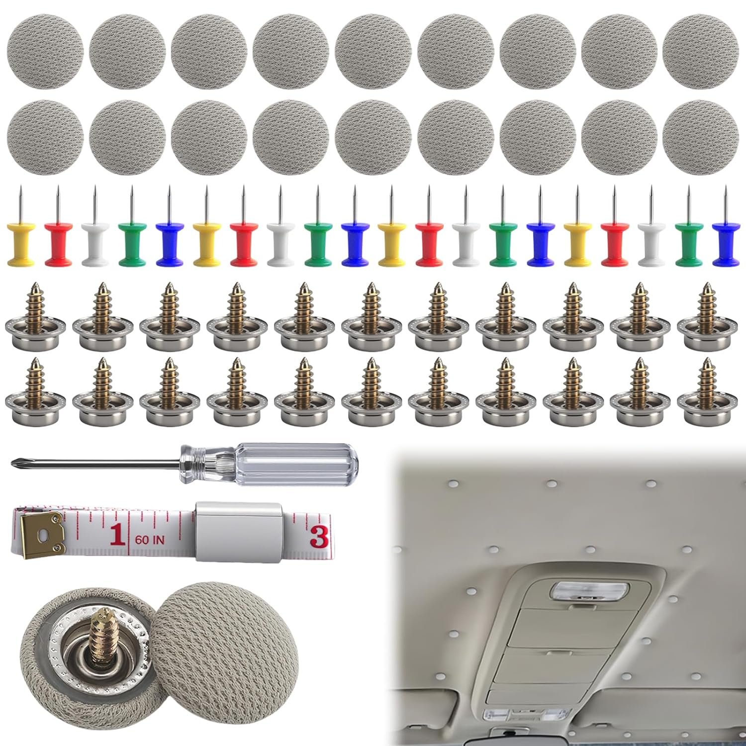 65PCS Car Roof Headliner Repair Kit,Headliner Rivets Repair Button P Kit,Auto Roof Snap Rivets Retainer with tallation Tool for Car Roof