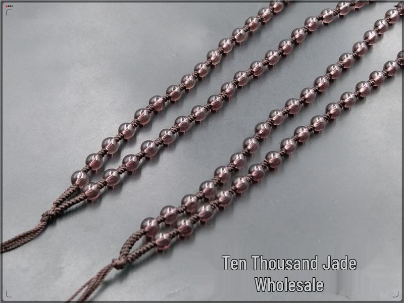Hand-Woven Amethyst Round Bead Necklace with Purple Cord Hanging Rope