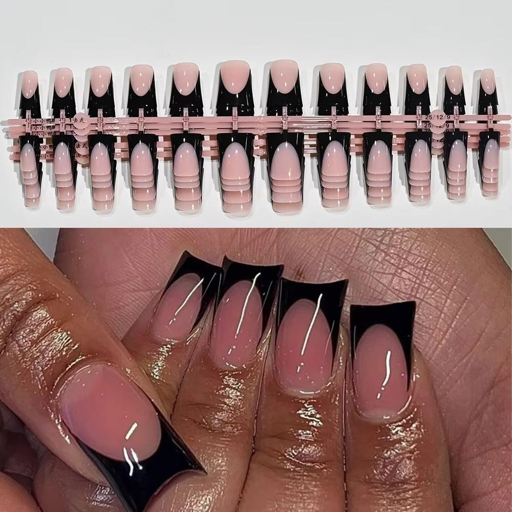 120 Pieces Glossy Black Duck Press On Nails Nude Medium French Tip Nails For Nail Art