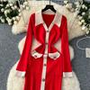Autumn Winter Women Elegant Color Blocking Single Breasted Knitted Sweater Long Maxi Slim Bodycon Party Dresses