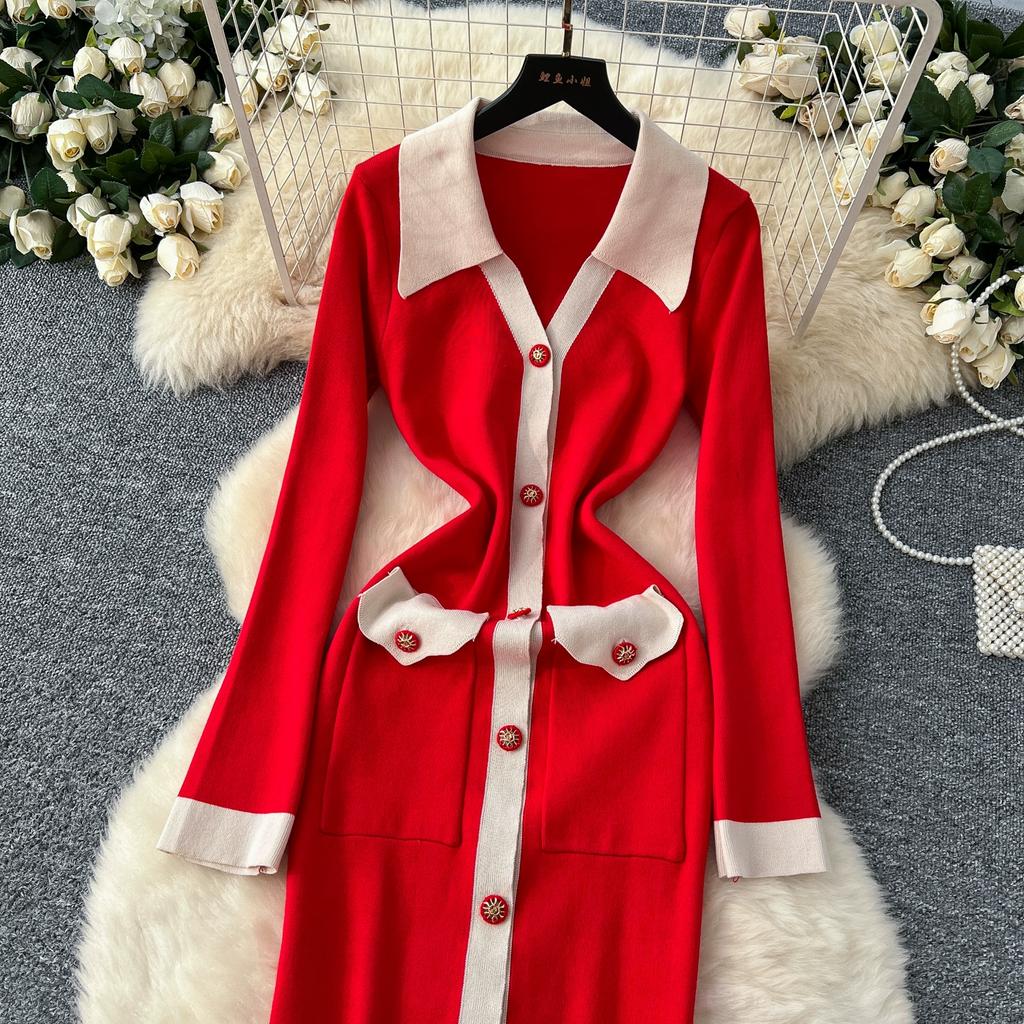 Autumn Winter Women Elegant Color Blocking Single Breasted Knitted Sweater Long Maxi Slim Bodycon Party Dresses