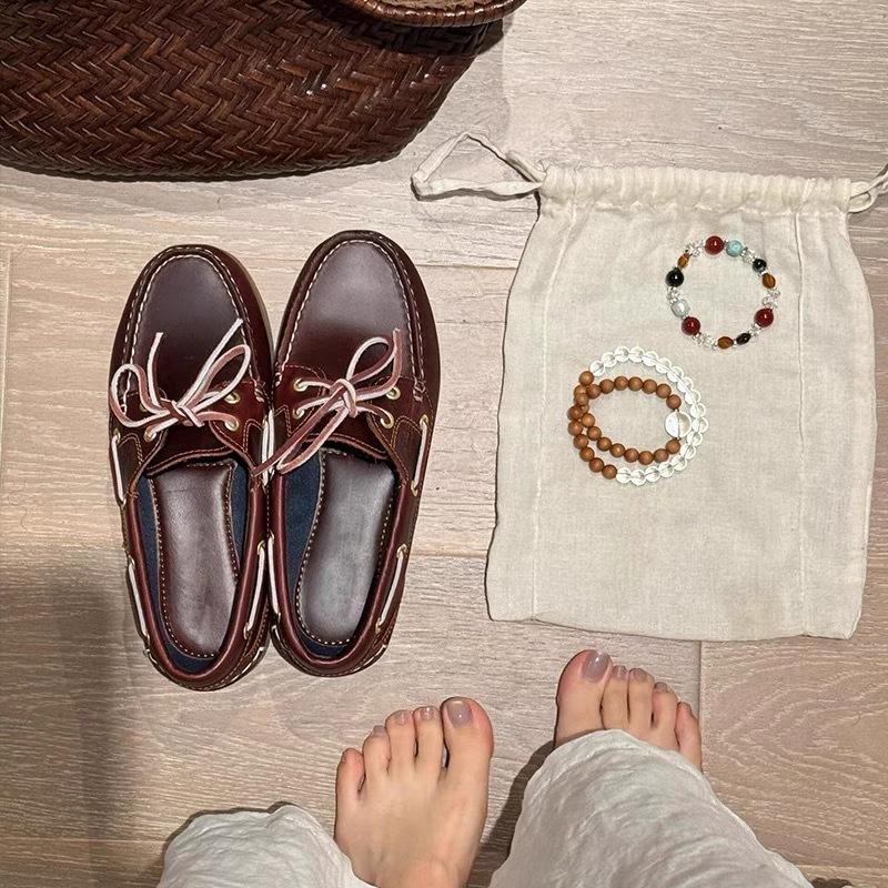 Early Autumn New Round Head Lace-up Flat Bottom Women's Leather Retro Versatile Single Shoes Doudou Shoes