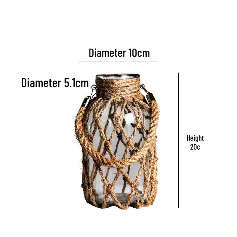 Retro Dried Flower Arrangement Glass Vase with Hemp Rope – Transparent Desktop Ornament for Home Decor