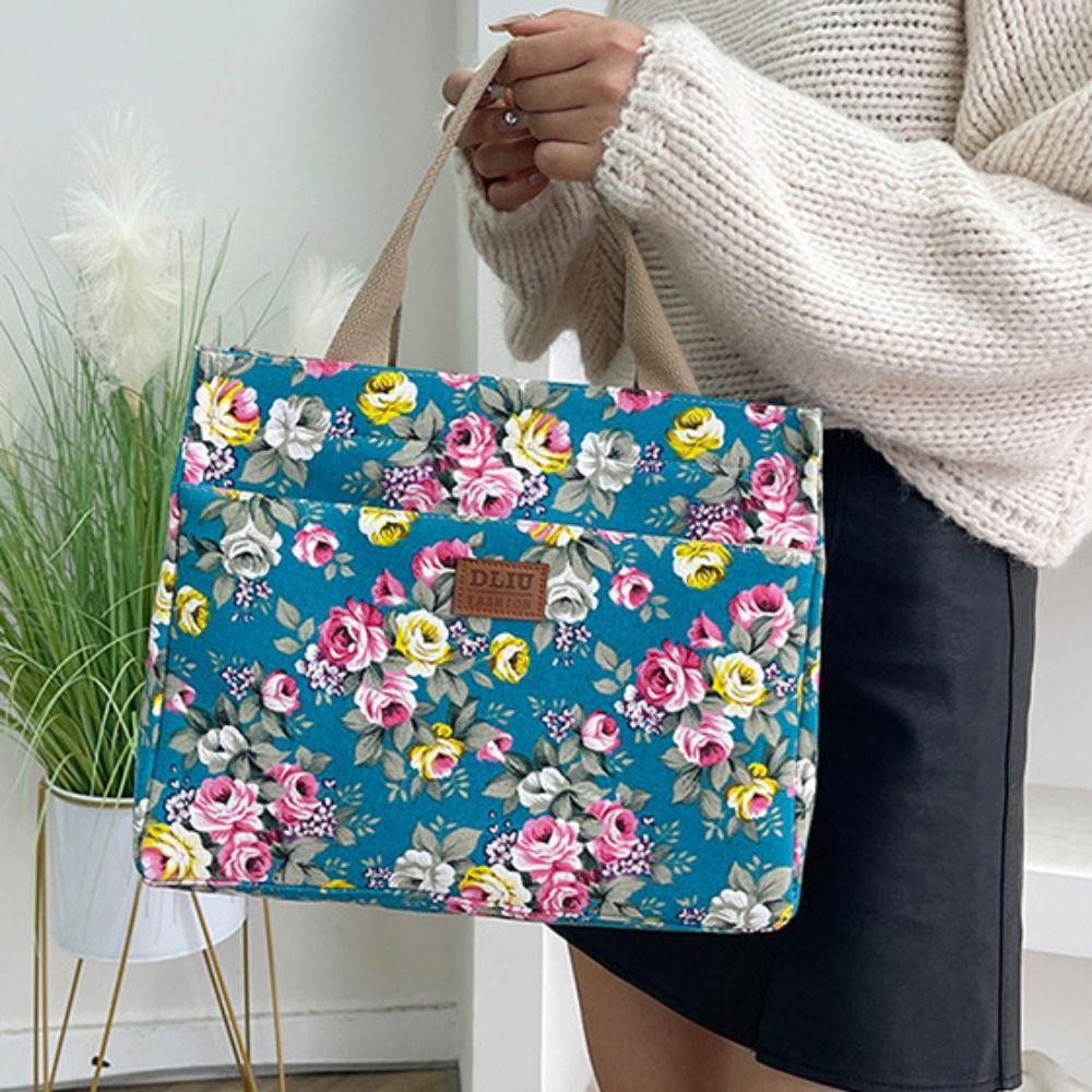 Zipper Floral Print Tote Bag Portable Mommy Bag Portable Canvas Lunch Bag  For Mom