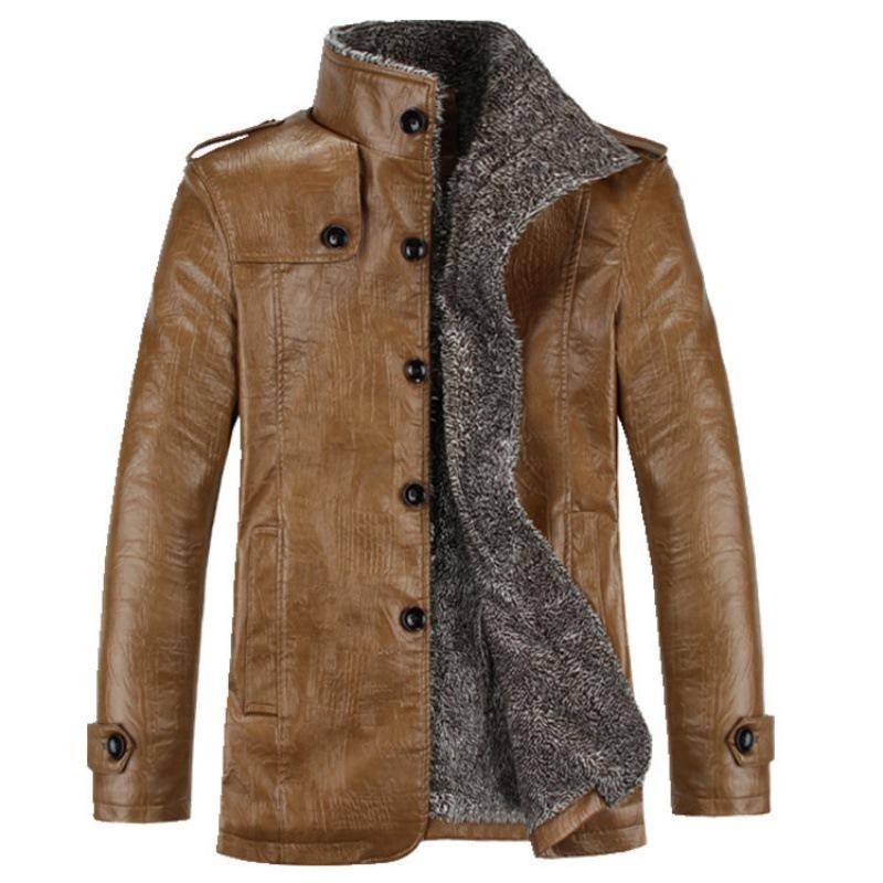 Autumn and Winter Men's Stand Collar Fleece-Lined Thickened Japanese Business Casual Pu Washed Coat Plus-Sized Plus Size Leather Jacket